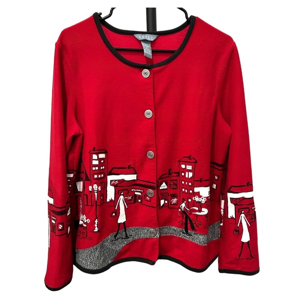Koret Petite Red Cityscape Graphic Cardigan Sweater Black Trim Sz LP